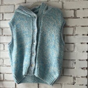 Handmade Light Blue Marled Button-Front Women’s Sweater Vest with hood